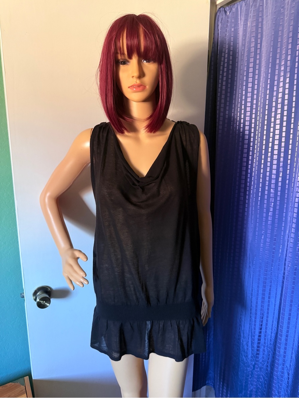 SHAE Black Sheer Cotton Knit Tunic Top Cowl Neck Hip Band Stretch L